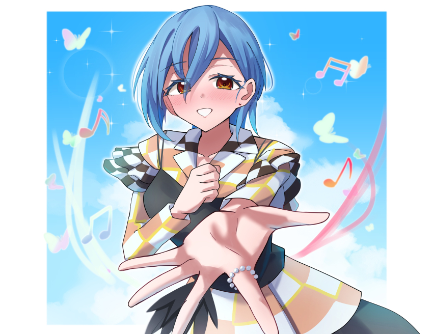 1girl :d absurdres beamed_eighth_notes blue_hair blush bug butterfly checkered_clothes checkered_dress commentary_request cowboy_shot crossed_bangs dress earrings eighth_note grin highres insect jewelry let&#039;s_be_one_(love_live!) looking_at_viewer love_live! love_live!_superstar!! musical_note offering_hand official_alternate_costume open_hand open_mouth orange_dress orange_eyes rikka006 short_hair smile solo stud_earrings wakana_shiki