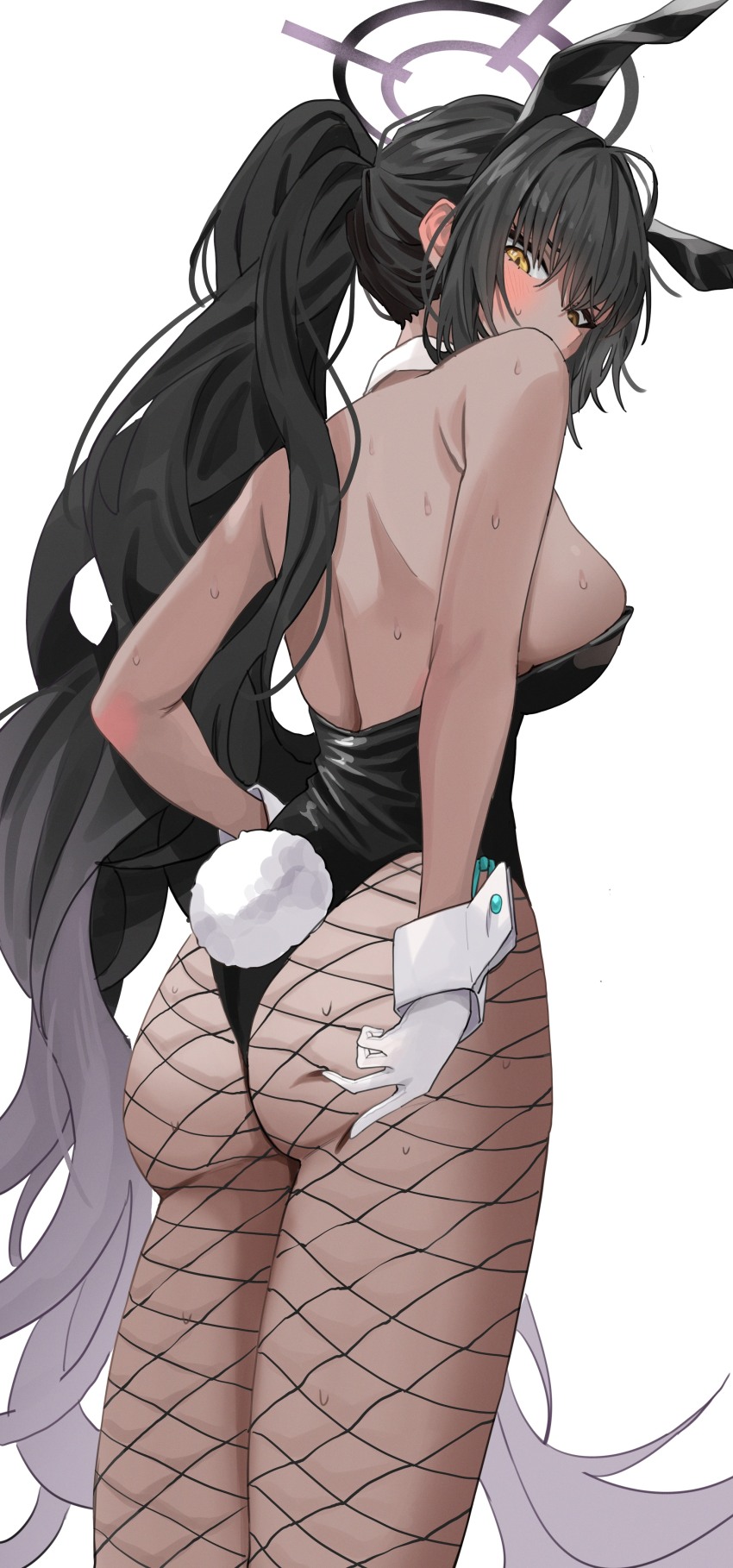 1girl absurdres animal_ear_hairband animal_ears ass black_hair black_leotard blue_archive blush breasts commentary fake_animal_ears fake_tail fishnet_pantyhose fishnets gloves gradient_hair hairband halo highres jeon_(user_ywaw3774) karin_(blue_archive) karin_(bunny)_(blue_archive) large_breasts leotard long_hair looking_back median_furrow multicolored_hair official_alternate_costume pantyhose playboy_bunny ponytail rabbit_ear_hairband rabbit_ears rabbit_tail solo strapless strapless_leotard sweat tail very_long_hair white_gloves wrist_cuffs