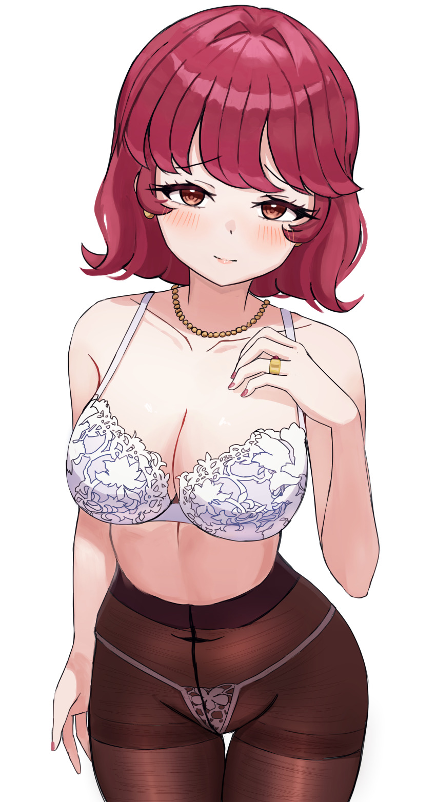 1girl absurdres blush bra brown_pantyhose collarbone frown half-closed_eyes hand_on_own_chest highres idolmaster idolmaster_million_live! idolmaster_million_live!_theater_days jewelry light_smile lipstick makeup mature_female medium_hair necklace non-web_source nonohara_akane&#039;s_mother panties pantyhose red_eyes red_hair ring side-tie_panties solo underwear wavy_hair wedding_ring white_background white_bra white_panties