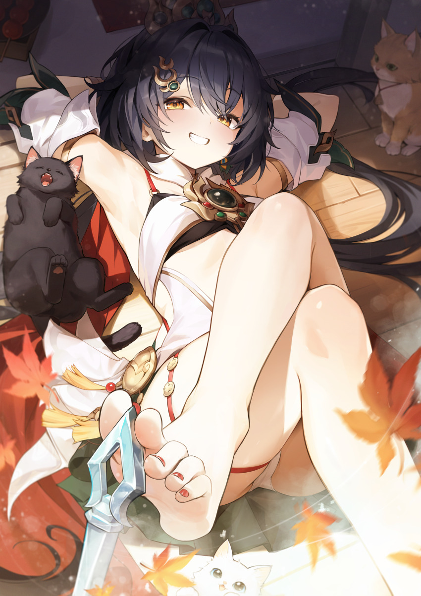 1girl absurdres armpits barefoot black_cat black_hair breasts cat chinese_clothes clothing_cutout crossed_legs dress feet hair_ornament highres holding_with_feet honkai:_star_rail honkai_(series) long_hair looking_at_viewer lying nail_polish nyun on_back panties small_breasts smile soles stomach_cutout toenail_polish toenails toes underwear white_cat white_dress white_panties yellow_eyes yunli_(honkai:_star_rail)