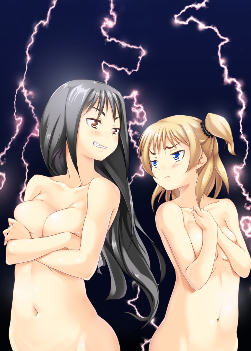 2girls :t angry black_hair blonde_hair blue_eyes breast_envy breasts covering_privates covering_breasts highres lightning long_hair medium_breasts multiple_girls navel nude original out-of-frame_censoring pout red_eyes shirota_mizuki short_hair small_breasts smile