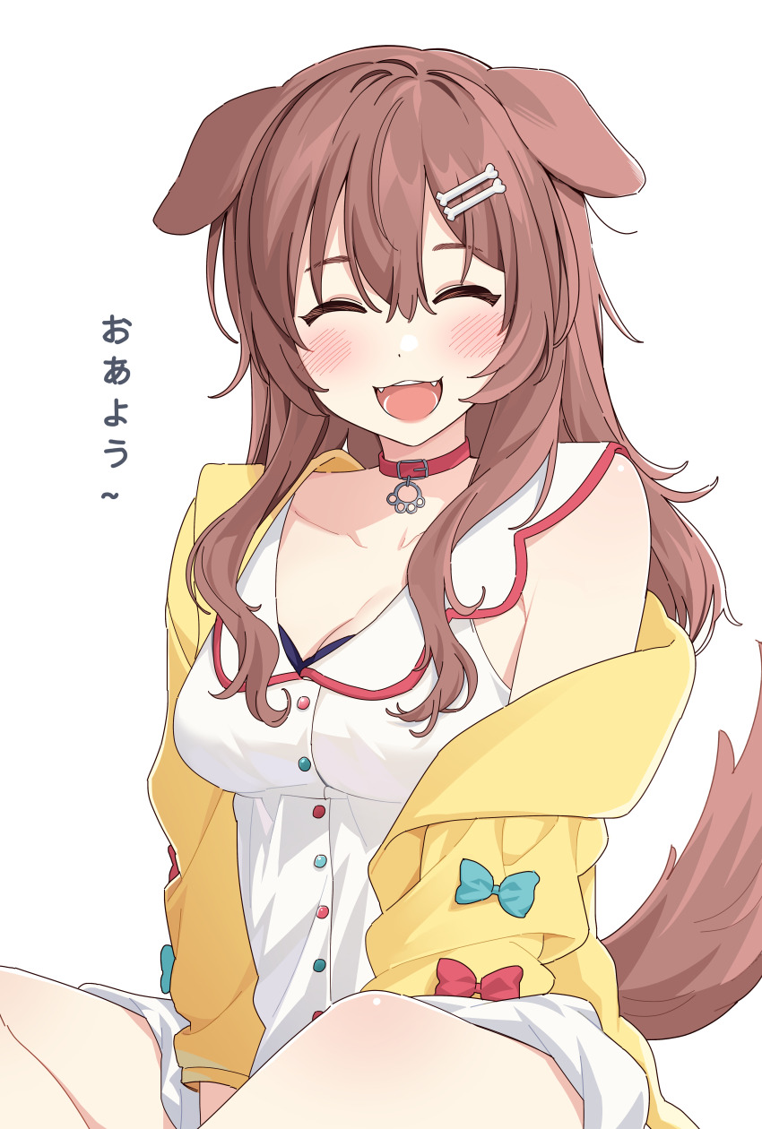 14_(vision5032) 1girl ^_^ absurdres animal_ears blush bone_hair_ornament breasts brown_hair cleavage closed_eyes collar collarbone commentary_request dog_ears dog_girl dog_tail dress facing_viewer fangs feet_out_of_frame hair_between_eyes hair_ornament highres hololive inugami_korone inugami_korone_(1st_costume) jacket long_hair medium_breasts off_shoulder open_mouth red_collar sidelocks simple_background sitting sleeveless sleeveless_dress smile solo tail translated virtual_youtuber whip white_background white_dress yellow_jacket