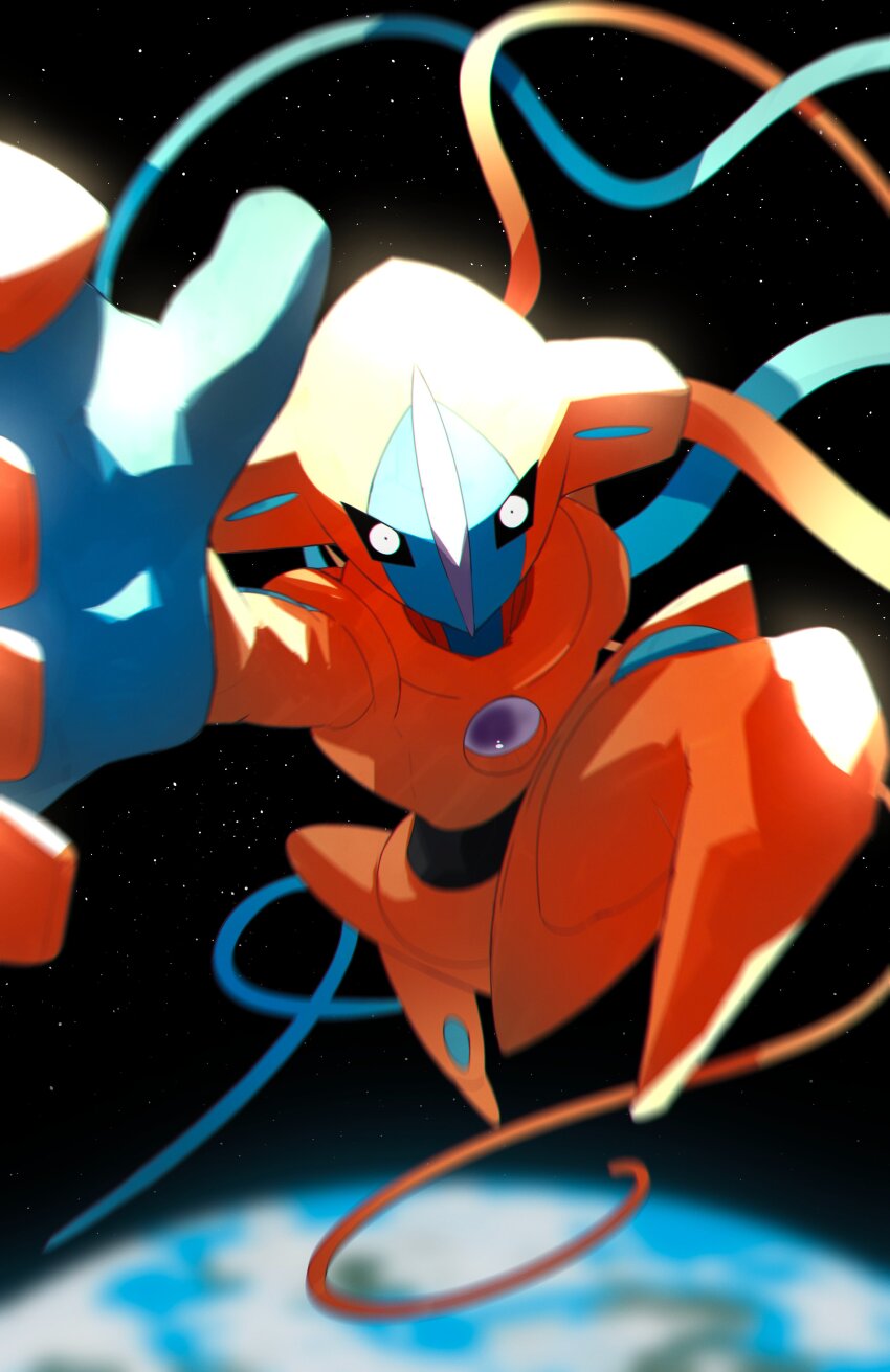 absurdres arm_up black_sclera bulging_eyes close-up colored_sclera creatures_(company) deoxys deoxys_(normal) expressionless full_body game_freak gen_3_pokemon glowing highres looking_at_viewer mythical_pokemon nintendo no_humans no_mouth pokemon pokemon_focus reaching reaching_towards_viewer solo space tentacles white_eyes wide_shot zeroartwo