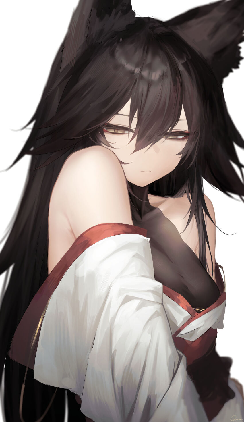 1girl absurdres animal_ears bare_shoulders black_hair breasts brown_eyes closed_mouth detached_sleeves eyeshadow hair_between_eyes highres japanese_clothes long_hair looking_at_viewer makeup medium_breasts original ozeu0916 red_eyeshadow simple_background solo upper_body very_long_hair white_background