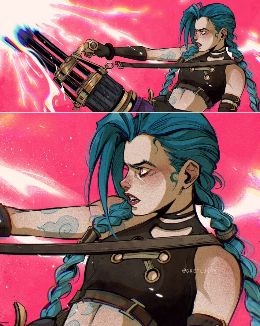 1girl arcane:_league_of_legends arcane_jinx arm_tattoo asymmetrical_bangs bare_shoulders black_gloves black_shirt braid cloud_tattoo crop_top fingerless_gloves gatling_gun gloves green_hair gretel_lusky highres holding holding_weapon jinx_(league_of_legends) league_of_legends minigun open_mouth pink_background shirt solo stomach_tattoo tattoo teeth twin_braids twintails upper_body weapon