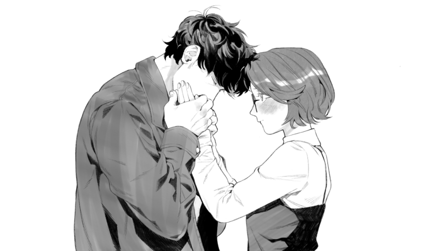 1boy 1girl blush closed_eyes closed_mouth commentary_request ddatbbam fear_&amp;_hunger_(series) fear_&amp;_hunger_2:_termina from_side glasses greyscale hands_on_another&#039;s_cheeks hands_on_another&#039;s_face hetero holding_hands jacket korean_commentary long_sleeves looking_at_another marcoh_(fear_&amp;_hunger) monochrome olivia_(fear_&amp;_hunger) short_hair upper_body