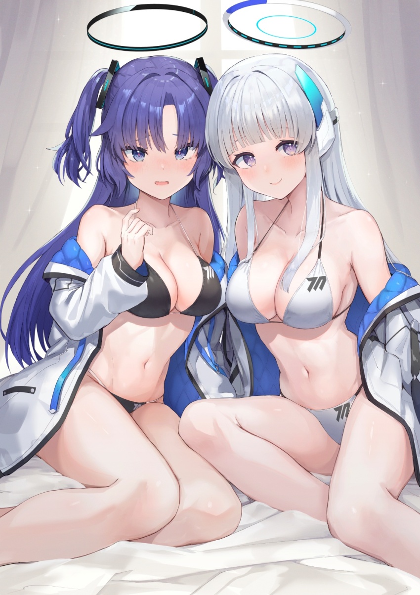 2girls bikini black_bikini blue_archive blush breasts cleavage closed_mouth collarbone grey_hair halo highres isegawa_yasutaka jacket large_breasts long_hair long_sleeves looking_at_viewer mechanical_halo medium_breasts multiple_girls navel noa_(blue_archive) open_mouth purple_eyes purple_hair smile swimsuit two-sided_fabric two-sided_jacket two_side_up white_bikini white_jacket yuuka_(blue_archive)