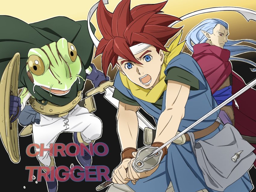 3boys blue_eyes blue_hair cape chrono_trigger closed_mouth copyright_name crono_(chrono_trigger) earrings frog_(chrono_trigger) headband highres jewelry kobayashi_chizuru looking_at_viewer magus_(chrono_trigger) multiple_boys open_mouth pointy_ears red_hair shield simple_background spiked_hair sword weapon