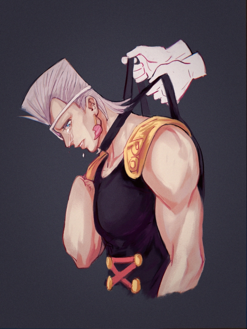 amputee collar disembodied_hand earrings eyepatch grey_hair highres jean_pierre_polnareff jewelry jojo_no_kimyou_na_bouken male_focus missing_limb muscular muscular_male tears vento_aureo yanglao_paopaoren