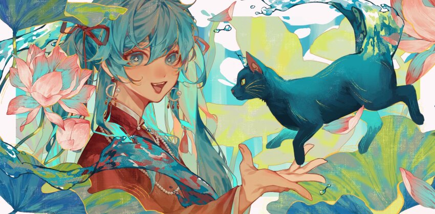 +_+ 1girl aqua_eyes black_cat cat crescent crescent_earrings earrings flower hair_ribbon hatsune_miku highres jewelry leaf liquid long_sleeves looking_at_viewer necklace open_mouth pink_flower red_ribbon ribbon smile solo upper_body vietnam vietnamese_clothes vocaloid worldwide_miku yaha7749