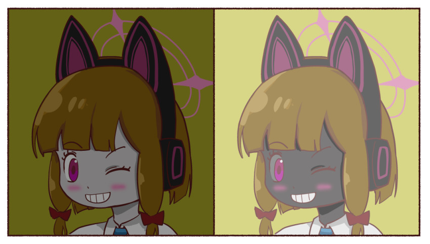 1girl animal_ear_headphones animal_ears black_skin blue_archive blue_necktie blush_stickers bow brown_hair cat_ear_headphones colored_skin fake_animal_ears grin hair_bow halo headphones momoi_(blue_archive) necktie one_eye_closed pink_eyes pink_halo red_bow shirt smile tyrone white_shirt white_skin