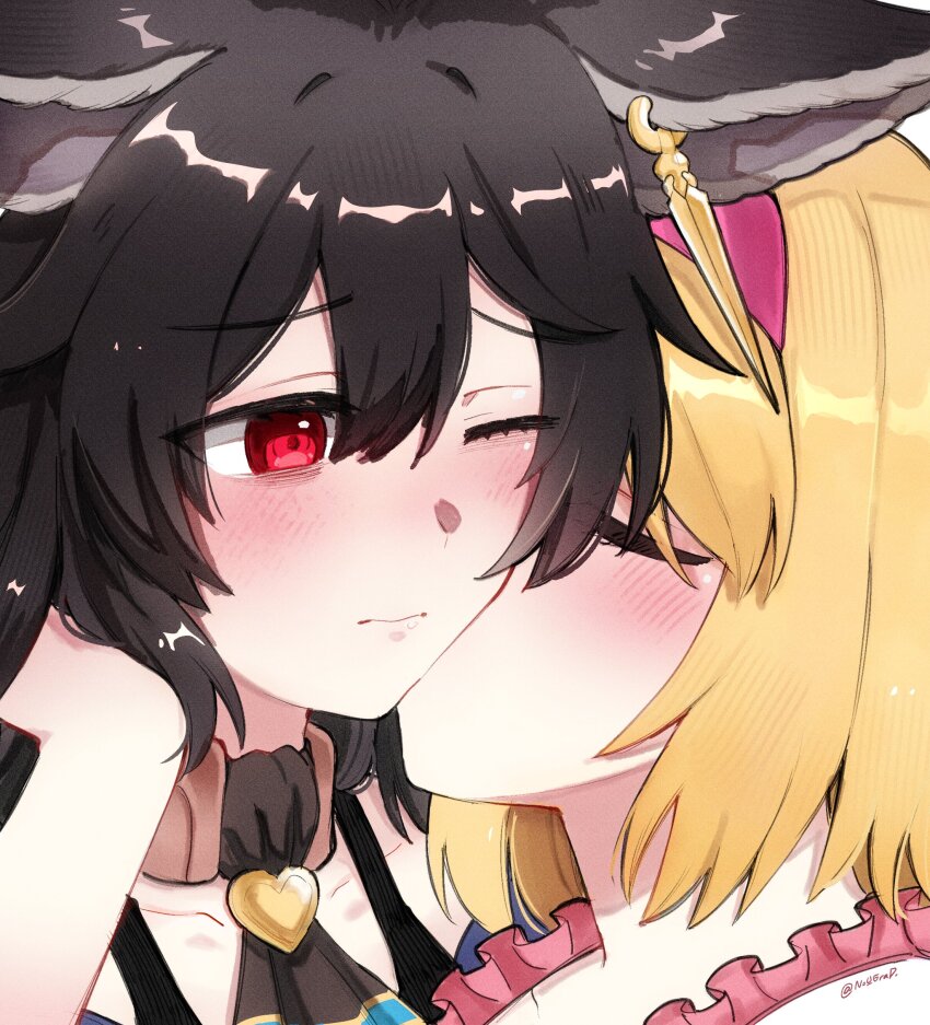 2girls absurdres animal_ears ascot bags_under_eyes black_hair blonde_hair blush brown_ascot close-up closed_eyes djeeta_(granblue_fantasy) ear_piercing earrings erune granblue_fantasy hair_between_eyes hairband highres jewelry kiss kissing_cheek long_hair multiple_girls nier_(granblue_fantasy) no_grad one_eye_closed piercing pink_hairband red_eyes yuri