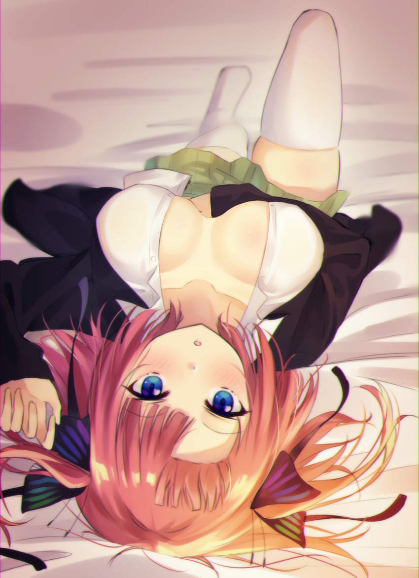 1girl black_cardigan black_ribbon blue_eyes blunt_bangs breasts butterfly_hair_ornament cardigan cleavage go-toubun_no_hanayome green_skirt hair_ornament highres hofumaso knee_up large_breasts lying nakano_nino on_back open_clothes pink_hair ribbon skirt solo thighhighs twintails white_thighhighs zettai_ryouiki