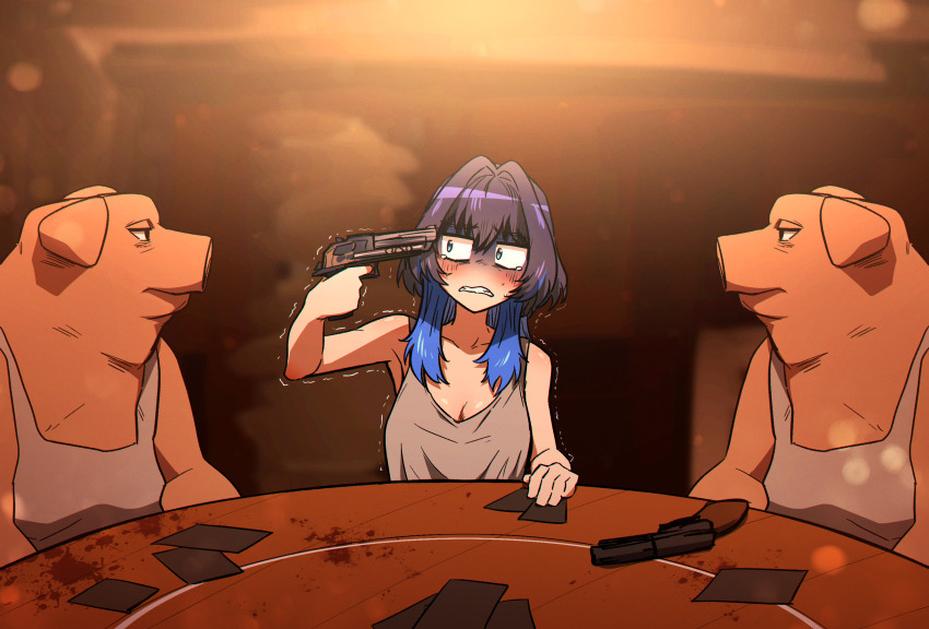 1girl 2boys animal_ears blood blood_splatter blue_eyes blue_hair bristle_(liar&#039;s_bar) card ddolbang gun gun_to_head hair_intakes highres holding holding_gun holding_weapon hololive hololive_english liar&#039;s_bar multicolored_hair multiple_boys ouro_kronii pig_boy pig_ears pig_nose russian_roulette short_hair tank_top trembling turn_pale virtual_youtuber weapon