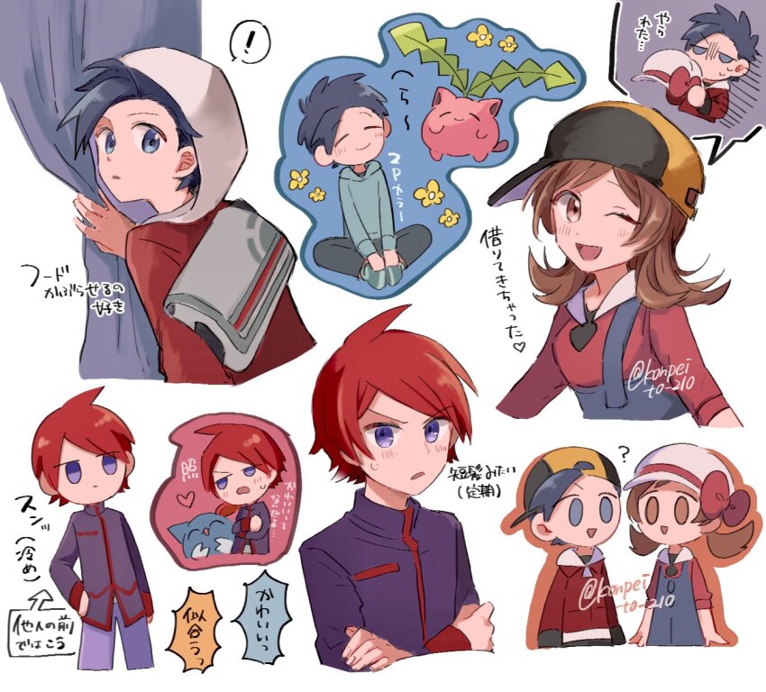 ! 1girl 2boys :&gt; ;d ? alternate_hair_length alternate_hairstyle bag baseball_cap black_hair black_hat blue_eyes blue_overalls blush bow brown_eyes brown_hair cabbie_hat commentary_request creatures_(company) embarrassed ethan_(pokemon) game_freak gen_2_pokemon hair_down hat hat_bow highres hood hood_up hooded_jacket hoppip jacket konpei_(konpeito_210) long_sleeves lyra_(pokemon) medium_hair multiple_boys nintendo one_eye_closed open_mouth overalls pokemon pokemon_(creature) pokemon_hgss purple_eyes purple_jacket red_bow red_hair red_jacket red_ribbon red_shirt ribbon shirt short_hair sideways_hat silver_(pokemon) sleeves_rolled_up smile sneasel spoken_exclamation_mark sweatdrop translation_request turtleneck turtleneck_jacket twitter_username white_background white_hat