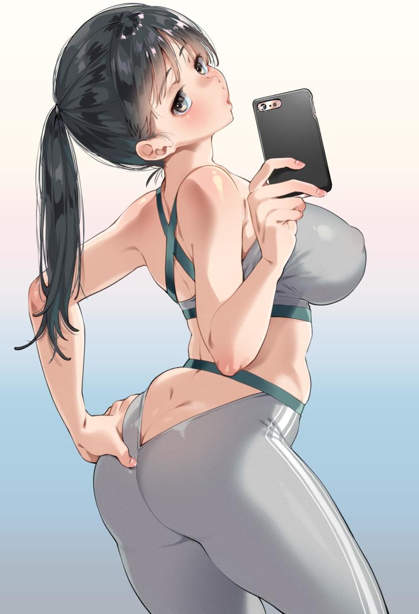 1girl ass ass_cutout bare_arms bare_shoulders black_hair blush breasts brown_eyes butt_crack cellphone clothing_cutout commentary_request covered_erect_nipples dimples_of_venus female_focus fingernails gradient_background hand_on_own_ass highres holding karasuma_yayoi large_breasts lips long_hair looking_at_viewer looking_back midriff original pants parted_lips phone shiny_clothes shiny_skin simple_background skin_tight solo spandex tank_top