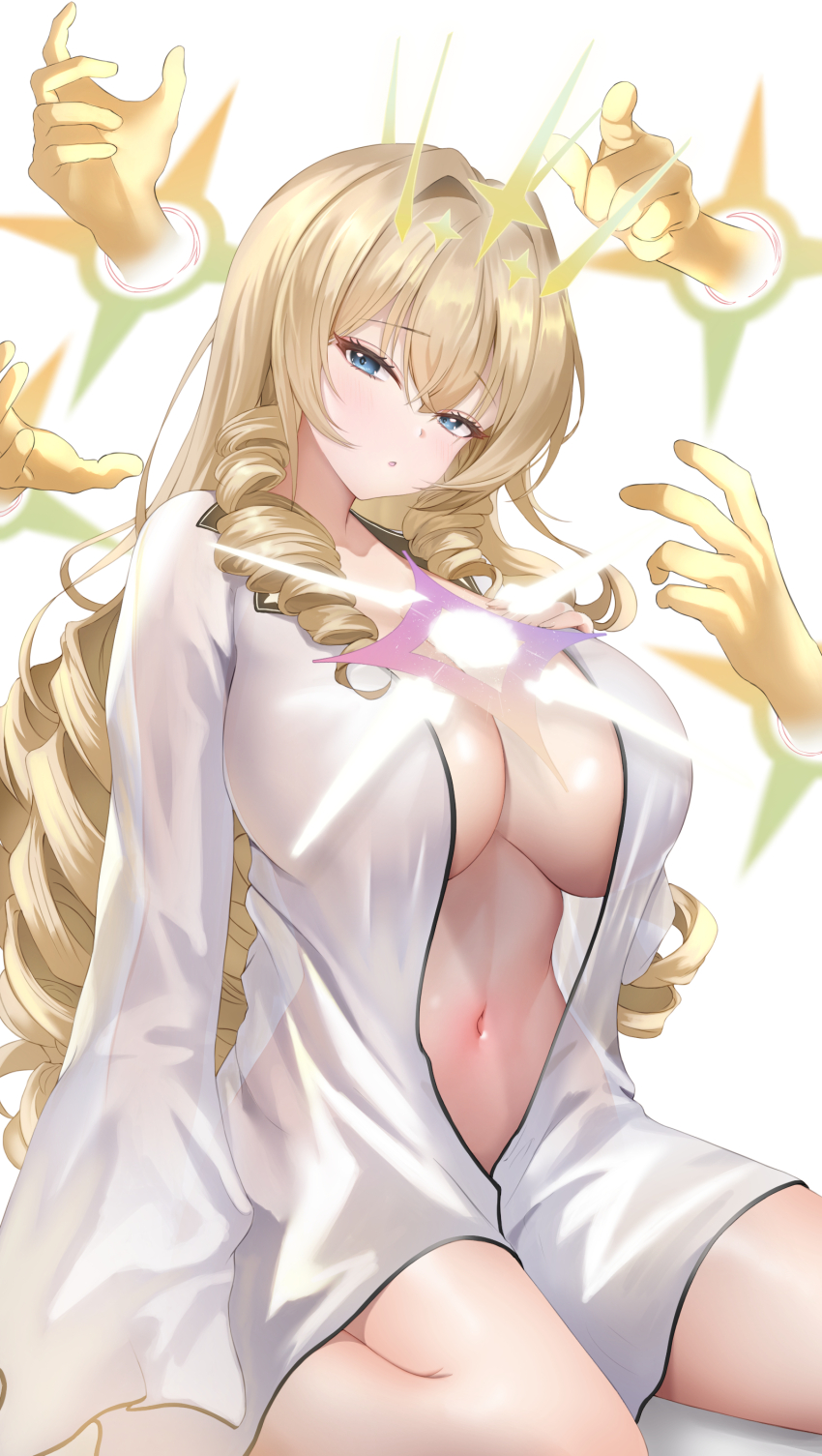 1girl absurdres blonde_hair blue_eyes breasts cleavage crown_(nikke) disembodied_hand drill_hair goddess_of_victory:_nikke hair_intakes head_tilt highres large_breasts light_censor long_hair long_sleeves looking_at_viewer naked_robe naked_shirt navel open_clothes open_mouth open_robe open_shirt quad_drills raurashun robe shirt side_drill simple_background sitting solo stomach surrounded_by_hands too_many_drills wariza white_background white_robe white_shirt