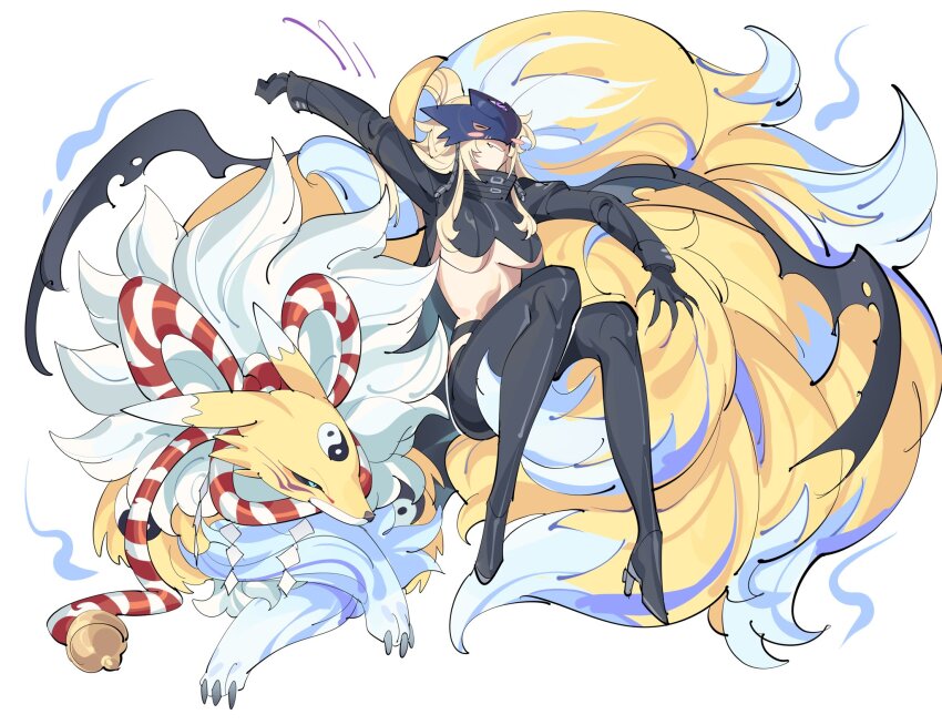 2girls beelstarmon black_coat black_sclera black_shirt blonde_hair blue_eyes body_fur breasts closed_eyes coat colored_sclera cropped_shirt digimon digimon_(creature) eye_mask full_body highres kitsune kyubimon large_breasts long_hair multiple_girls shirt simple_background third_eye underboob white_background yellow_fur zocehuy