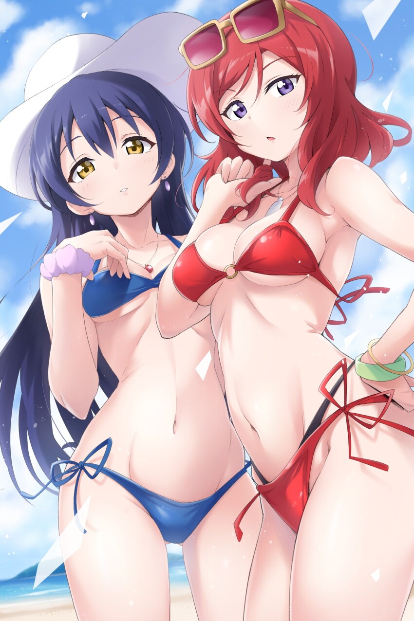 2girls bikini blue_bikini blue_hair blue_sky bracelet breasts brown_eyes cleavage cloud commentary_request eyewear_on_head halterneck hat highres jewelry kirisaki_reina layered_bikini long_hair love_live! love_live!_school_idol_project medium_breasts multiple_girls navel nishikino_maki o-ring o-ring_bikini o-ring_top purple_eyes red_bikini red_hair side-tie_bikini_bottom sky sonoda_umi string_bikini sun_hat sunglasses swimsuit white_hat