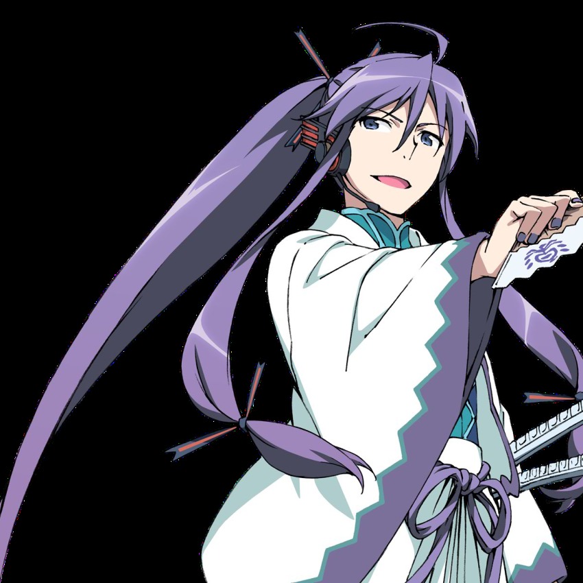 1boy belt exit_tunes hand_fan kamui_gakupo_(v3_gackpoid) hair_ribbon headset highres kamui_gakupo kanzaki_hiro katana long_hair male_focus purple_eyes purple_hair ribbon solo sword transparent_background very_long_hair vocaloid weapon