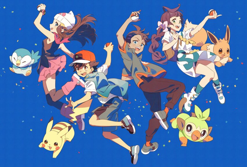 2boys 2girls ash_ketchum black_hair blue_background blue_eyes blue_hair braid bright_pupils chloe_(pokemon) creatures_(company) dawn_(pokemon) eevee fang flower game_freak gen_1_pokemon gen_4_pokemon gen_8_pokemon goh_(pokemon) grookey hair_ornament hairclip highres holding holding_poke_ball multiple_boys multiple_girls nintendo pikachu piplup pkgllllllv poke_ball poke_ball_(basic) pokemon pokemon_(anime) pokemon_(creature) pokemon_journeys purple_hair side_ponytail simple_background single_braid smile white_pupils