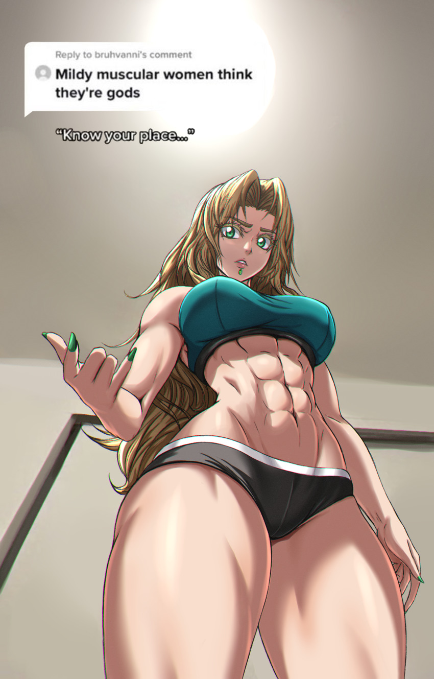 1girl abs absurdres blonde_hair breasts english_text fate/grand_order fate_(series) green_eyes hair_ornament highres large_breasts leanbeefpatty long_hair looking_at_viewer looking_down meme mildly_muscular_women_think_they&#039;re_gods_(meme) muscular muscular_female nail_polish piercing quetzalcoatl_(fate) speech_bubble sportswear thighs tiktok zantyarz