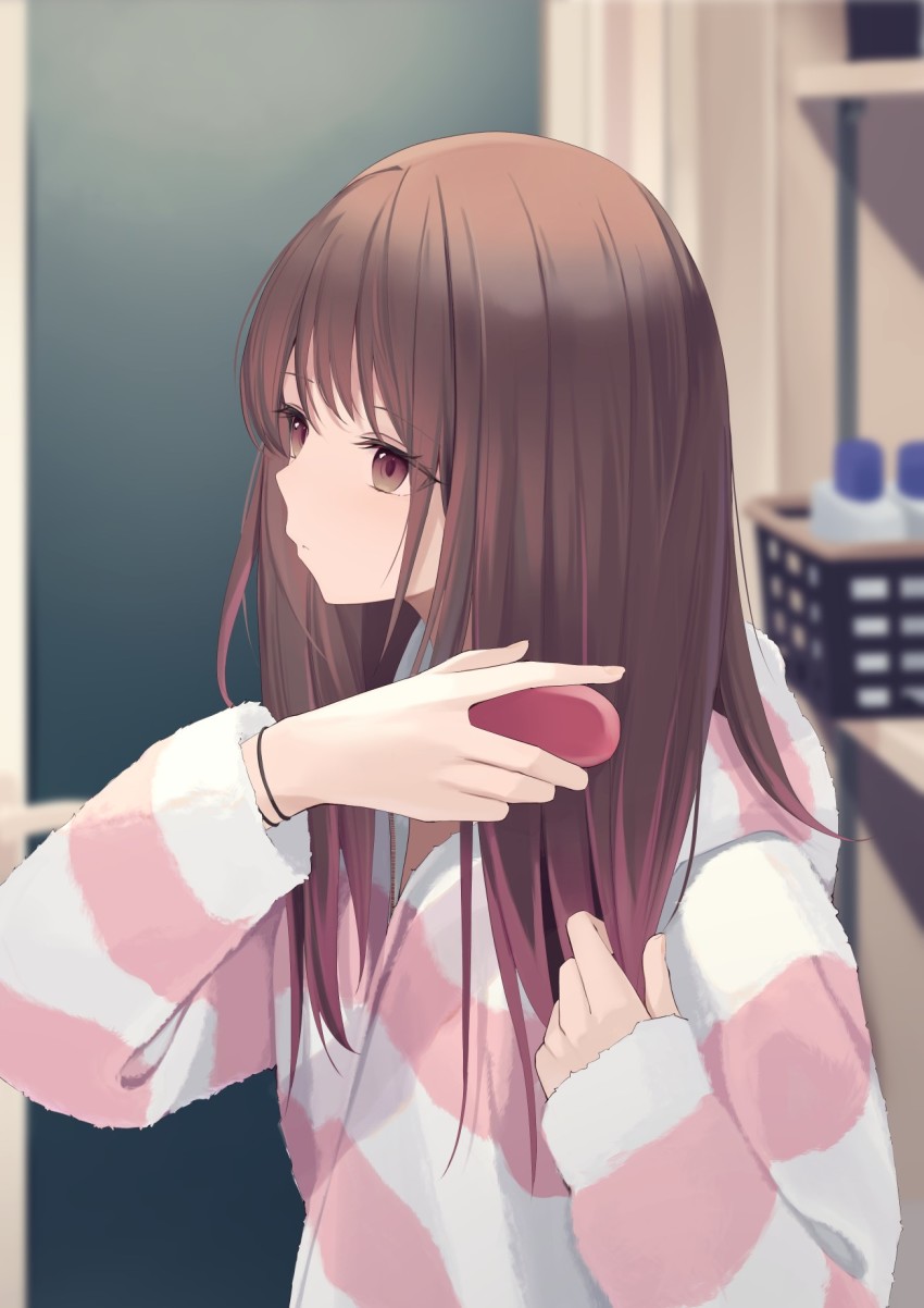 1girl :&lt; bathroom brown_eyes brown_hair brushing_hair brushing_own_hair closed_mouth expressionless hair_brush hair_tie hand_in_own_hair highres hood hooded_pajamas long_hair long_sleeves looking_to_the_side mizu_(lzzrwi603) multicolored_hair original pajamas pink_hair solo streaked_hair striped_clothes striped_pajamas v-neck