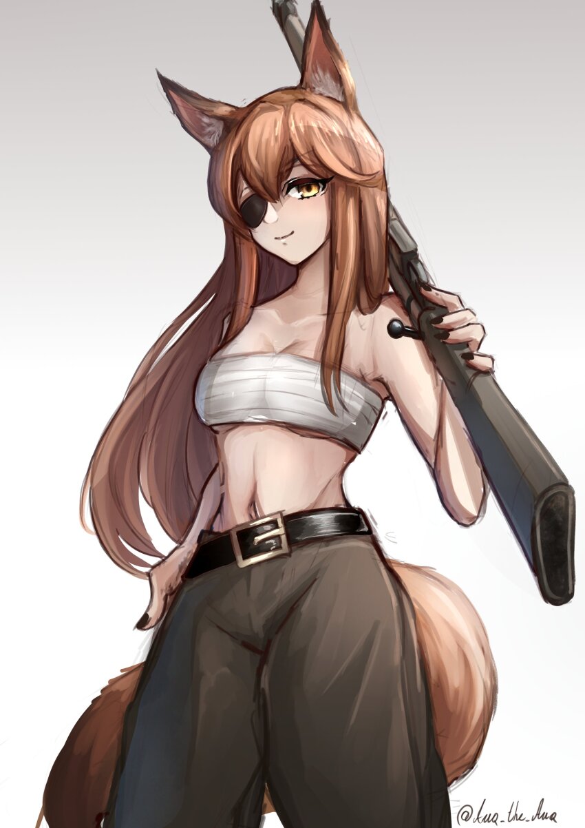 1girl absurdres animal_ears arknights bandages bandeau bare_arms bare_shoulders belt black_belt black_pants breasts brown_hair chest_sarashi cleavage cowboy_shot eyepatch fox_ears fox_tail franka_(arknights) gradient_background grey_background gun highres holding holding_gun holding_weapon long_hair looking_at_viewer midriff navel ofallx official_alternate_costume pants rifle sarashi smile solo standing stomach strapless tail tube_top very_long_hair weapon white_background yellow_eyes