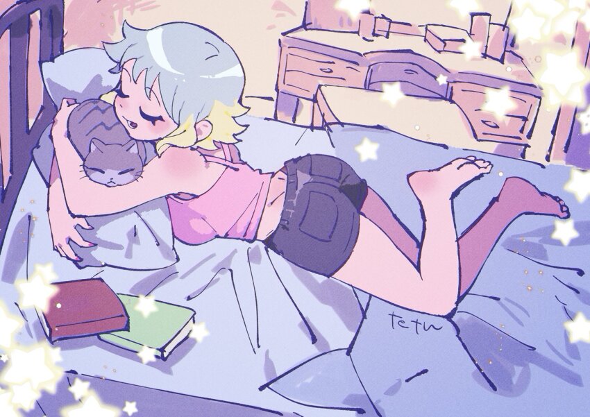 1girl animal animal_hug barefoot bed bedroom blonde_hair blue_hair blush book cat commentary indoors lying multicolored_hair on_bed on_stomach open_mouth ramona_flowers scott_pilgrim_(series) scott_pilgrim_takes_off short_hair shorts smile solo symbol-only_commentary tank_top tetsu_(teppei)