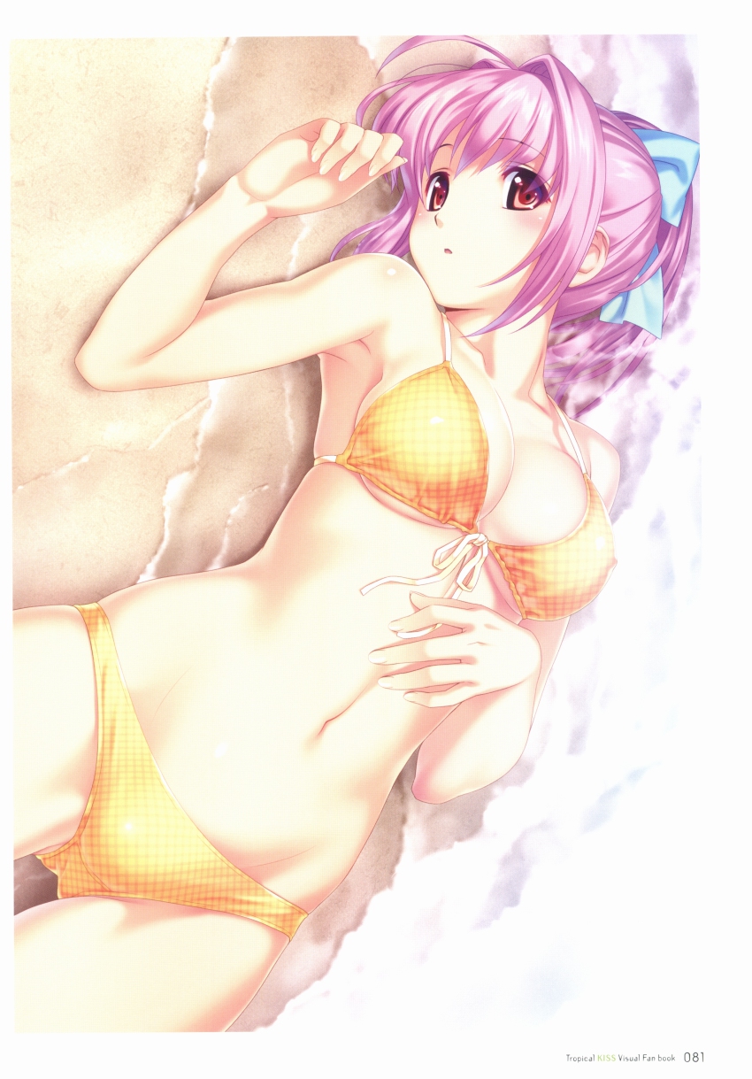 10s 1girl absurdres ahoge armpits beach bikini bow breasts brown_eyes cleavage day female_focus from_above front-tie_bikini_top front-tie_top hair_bow hair_intakes hair_ornament hand_on_own_stomach highres hinata_hanabi koutaro looking_at_viewer lying navel on_back outdoors pink_hair sand scan skindentation solo swimsuit tropical_kiss underboob water yellow_bikini