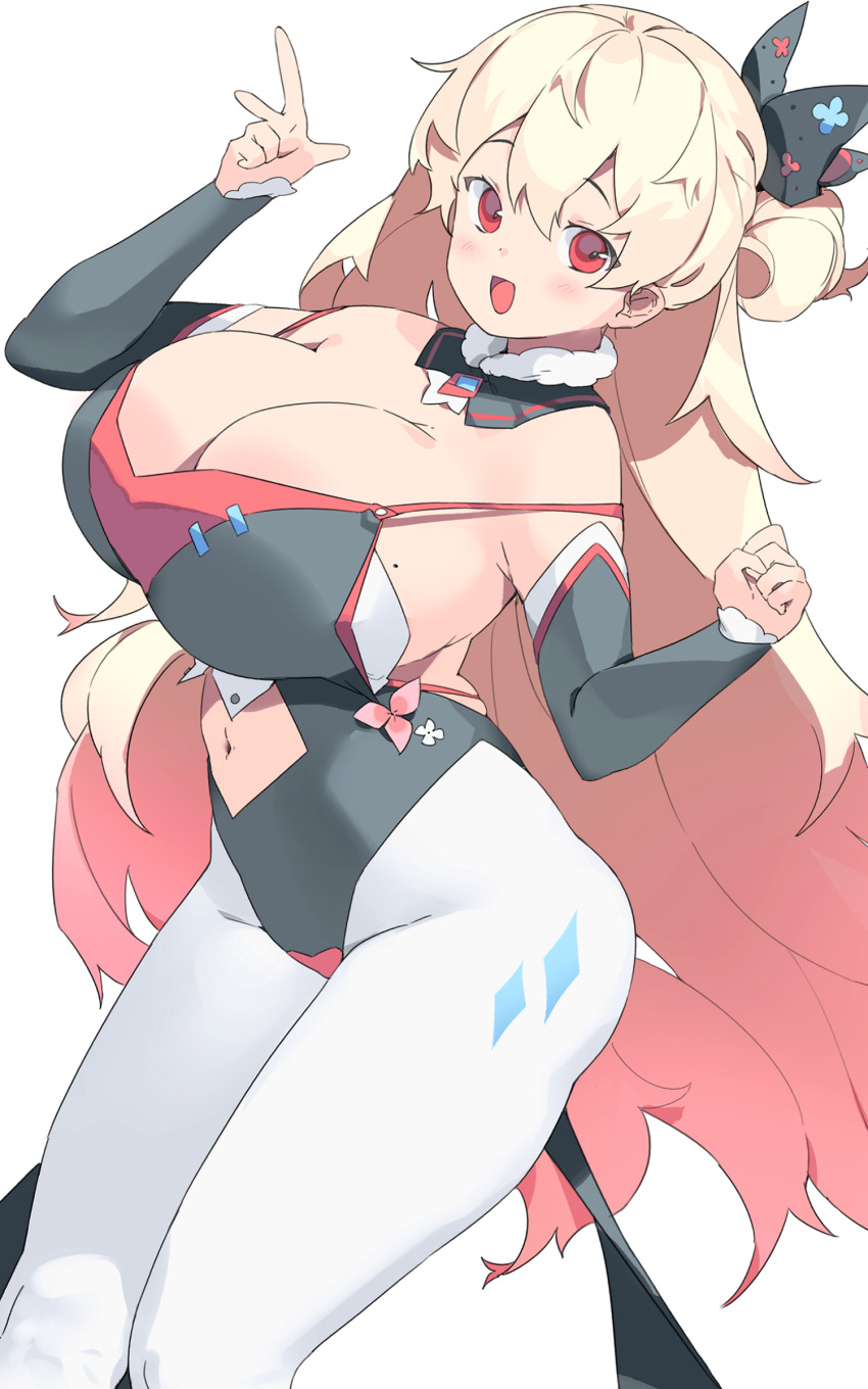 1girl :d absurdres bare_shoulders blonde_hair breasts clenched_hand clothing_cutout commission feet_out_of_frame female_focus gogoco hair_between_eyes hair_bun hair_ribbon highres huge_breasts large_breasts leotard long_hair looking_at_viewer mole mole_on_breast multicolored_hair navel_cutout open_mouth original pantyhose pink_hair red_eyes ribbon simple_background single_hair_bun smile solo standing thighs two-tone_hair v very_long_hair white_background