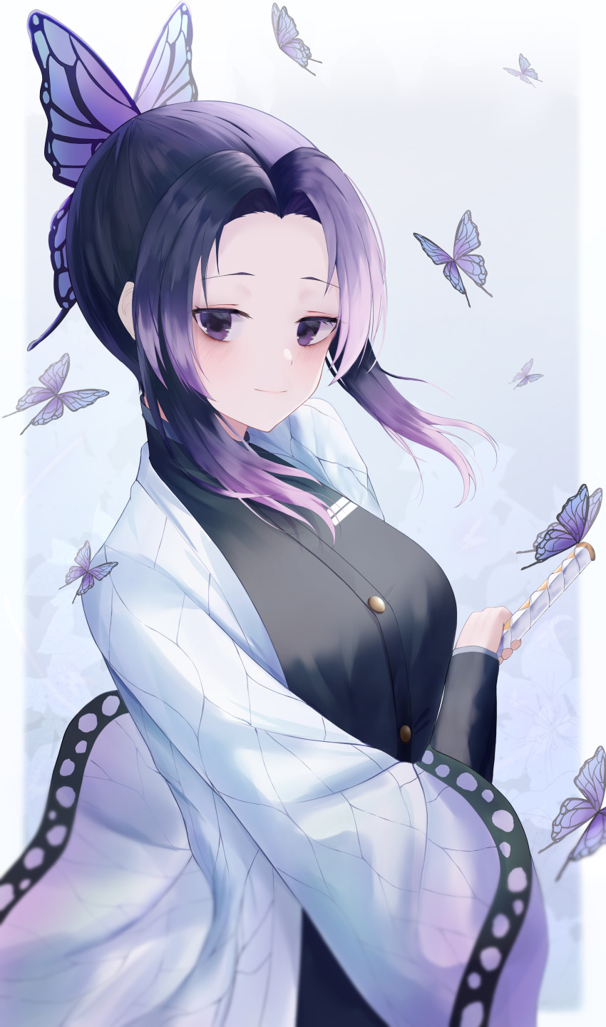 1girl absurdres bad_id bad_pixiv_id black_eyes black_hair black_jacket border bug butterfly butterfly_hair_ornament closed_mouth doham gradient_hair grey_background hair_intakes hair_ornament haori highres holding holding_sword holding_weapon huge_filesize insect jacket japanese_clothes kimetsu_no_yaiba kochou_shinobu long_sleeves looking_at_viewer multicolored_hair purple_hair short_hair_with_long_locks smile solo standing sword weapon white_border