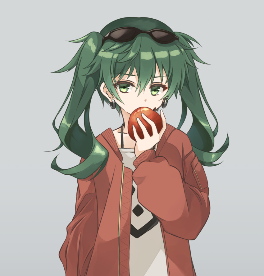 1girl apple black-framed_eyewear commentary_request earrings eyewear_on_head food fruit fujishiro_kazuha green_eyes green_hair grey_background hair_between_eyes hatsune_miku highres holding holding_food holding_fruit jacket jewelry long_sleeves medium_hair open_clothes open_jacket red_jacket shirt simple_background sleeves_past_wrists solo suna_no_wakusei_(vocaloid) sunglasses twintails vocaloid white_shirt