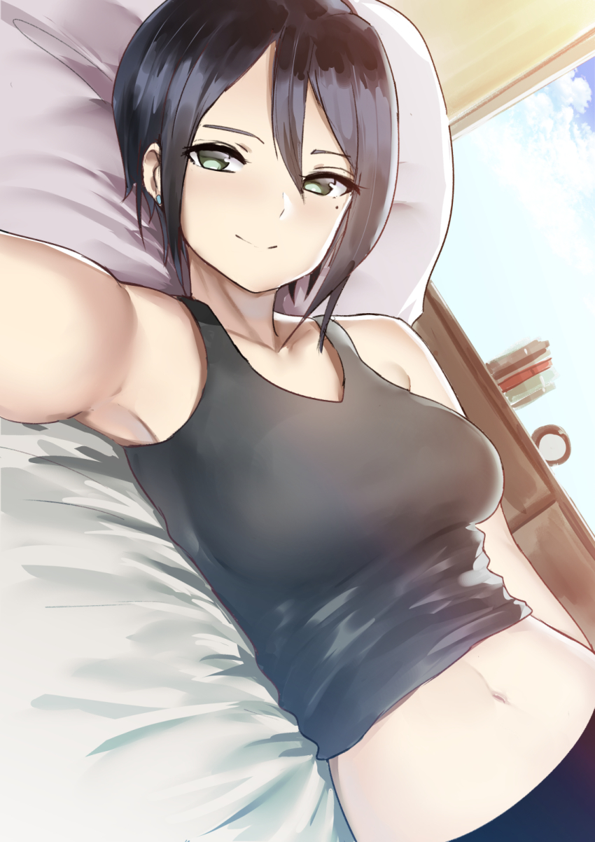 1girl armpits black_hair breasts closed_mouth day female_focus green_eyes hair_between_eyes highres indoors looking_at_viewer lying medium_breasts midorikawa_maki mole mole_under_eye navel norman_maggot on_back on_bed pillow reaching reaching_towards_viewer sakura_quest selfie short_hair sidelocks smile solo tank_top upper_body