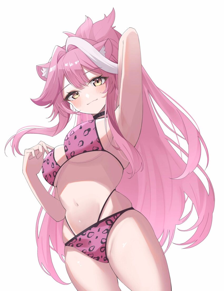 1girl animal_ear_fluff animal_ears animal_print arm_up armpits bare_arms bikini black_choker blush breasts choker closed_mouth commentary dreamoon dutch_angle hair_intakes high_ponytail highleg highleg_bikini highres hololive hololive_english large_breasts leopard_print leopard_print_bikini long_hair looking_at_viewer multicolored_hair navel no_tail panther_ears panther_girl pink_bikini pink_hair print_bikini raora_panthera sky smile solo stomach streaked_hair swimsuit thighs two-tone_hair underboob virtual_youtuber yellow_eyes