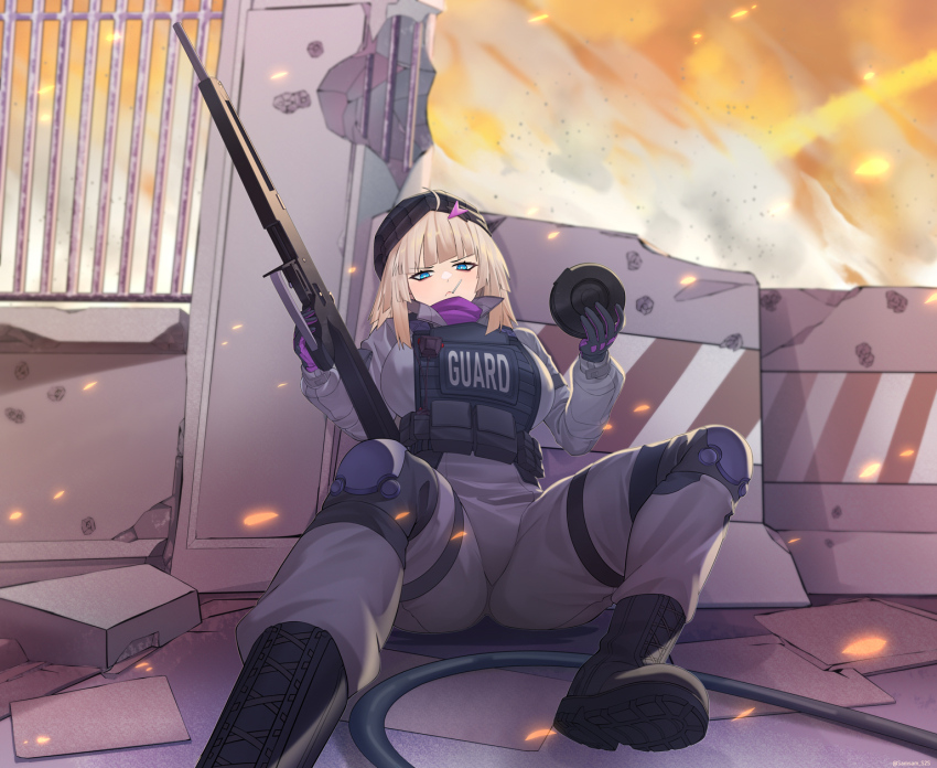 1girl aa-12 aa-12_(girls&#039;_frontline) alternate_breast_size alternate_costume bags_under_eyes beanie black_footwear black_hat blue_eyes boots breasts bulletproof_vest candy combat_boots commission drum_magazine food food_in_mouth full_body girls&#039;_frontline gun hat highres holding holding_gun holding_magazine_(weapon) holding_weapon large_breasts lollipop magazine_(weapon) pouch reloading roadblock rubble samsam_s2s shotgun smoke solo tactical_clothes taking_cover weapon