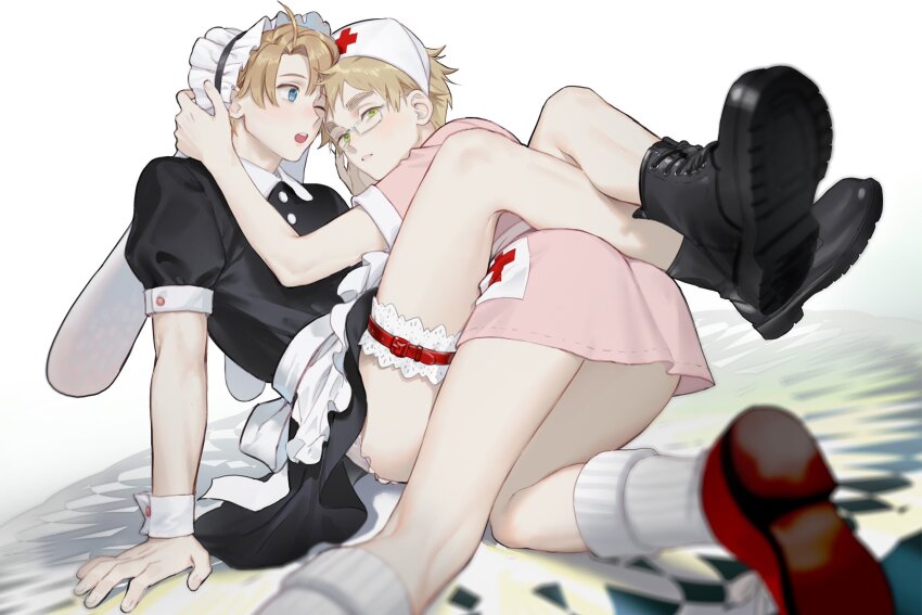 2boys america_(hetalia) ankle_socks axis_powers_hetalia bespectacled black_dress black_footwear blonde_hair boots crossdressing dress frilled_garter glasses green_eyes hand_on_another&#039;s_head hat highres huacai leg_lock loafers looking_at_viewer maid male_focus male_maid multiple_boys nurse nurse_cap one_eye_closed panties panty_peek pink_dress puffy_sleeves shoes socks thick_eyebrows underwear united_kingdom_(hetalia) unworn_eyewear