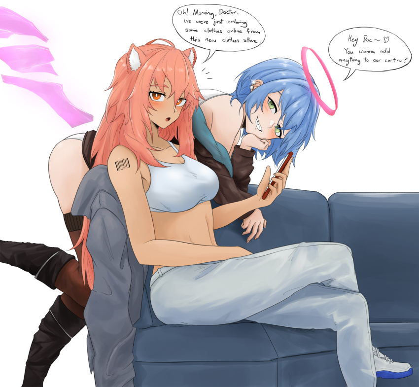 2girls :o animal_ears arknights barcode barcode_tattoo bare_arms bare_shoulders black_footwear blue_hair boots breasts bright_pupils commentary cosplay costume_switch couch crop_top dokonjou_(odossan) english_text gravel_(arknights) gravel_(arknights)_(cosplay) green_eyes grin halo highres leggings long_hair looking_at_viewer medium_breasts midriff multiple_girls navel off_shoulder open_mouth pants pink_eyes pink_hair shoes shoulder_tattoo simple_background smile speech_bubble sports_bra spuria_(arknights) spuria_(arknights)_(cosplay) stomach tattoo white_background white_footwear white_pants white_pupils