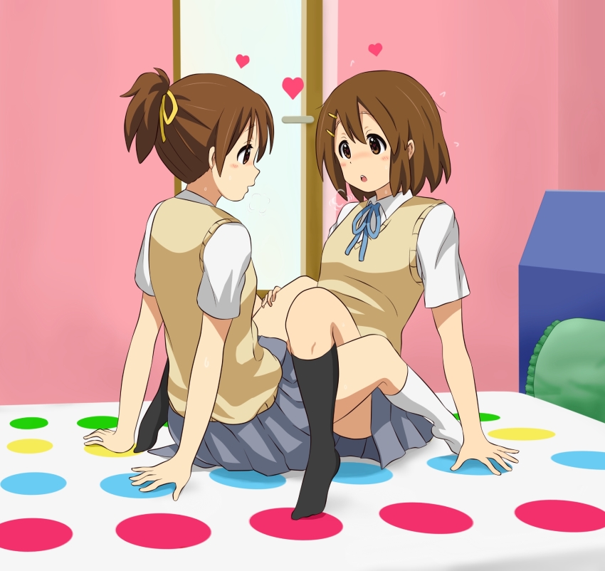 2girls all_fours arm_support black_socks blue_neckwear blush brown_eyes brown_hair hair_ornament hair_ribbon hairclip hand_on_another&#039;s_thigh heart heavy_breathing highres hirasawa_ui hirasawa_yui hirondo incest indoors k-on! kneehighs multiple_girls neck_ribbon ponytail ribbon sakuragaoka_high_school_uniform school_uniform shirt short_hair short_sleeves siblings sisters socks straddling tribadism twister vest white_legwear yuri