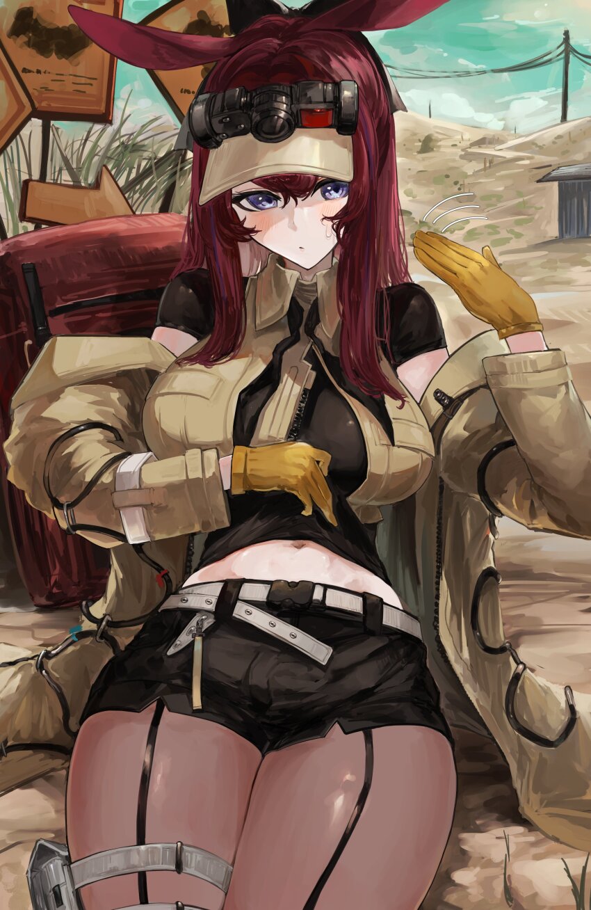 1girl absurdres animal_ears arknights black_shirt black_shorts blush brown_jacket camera closed_mouth clothes_lift commentary_request cowboy_shot fanning_face fanning_self gloves grey_pantyhose hair_between_eyes highres hot jacket kajuu lifting_own_clothes long_hair long_sleeves looking_at_viewer midriff motion_lines multicolored_hair navel off_shoulder pantyhose purple_eyes purple_hair ray_(arknights) red_hair shirt shirt_lift short_shorts short_sleeves shorts solo streaked_hair visor_cap yellow_gloves