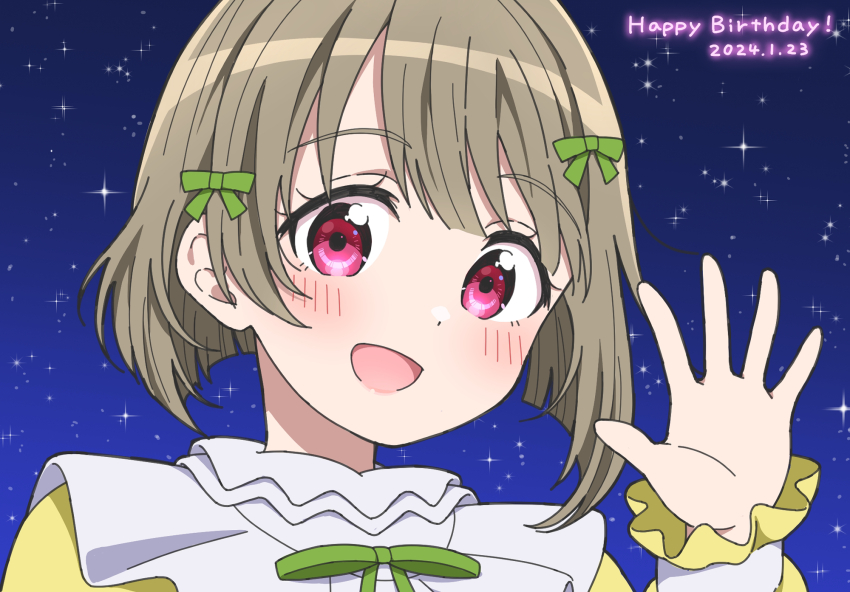 1girl blush commentary dated dress frilled_sleeves frills green_ribbon grey_hair hair_ribbon happy_birthday highres jenny_(je2live) long_sleeves looking_at_viewer love_live! love_live!_nijigasaki_high_school_idol_club mutekikyuu_believer nakasu_kasumi night night_sky open_mouth portrait red_eyes revision ribbon short_hair sky solo yellow_dress