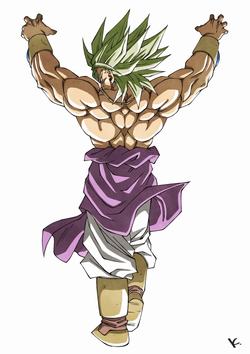 1boy arms_up broly_(dragon_ball_z) dragon_ball dragonball_z from_behind full_body green_hair highres kakeru_(dbskakeru) legendary_super_saiyan medium_hair muscular muscular_male pants solo spiked_hair super_saiyan topless_male white_pants