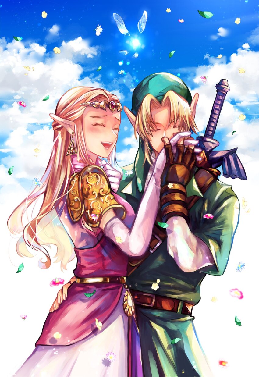 1boy 1girl arm_around_waist armor belt blonde_hair blue_sky blush breasts brown_belt brown_gloves closed_eyes cloud cloudy_sky commentary_request cowboy_shot dress elbow_gloves fairy falling_flower falling_leaves fingerless_gloves gloves green_hat green_tunic hand_on_own_hip hat highres holding_hands kiss kissing_hand leaf link long_hair master_sword matsutoshi_kkb medium_breasts navi nintendo open_mouth pauldrons pink_dress pink_gloves pointy_ears princess_zelda short_hair shoulder_armor shoulder_belt sky smile standing sword teeth the_legend_of_zelda the_legend_of_zelda:_ocarina_of_time tiara triforce_earrings tunic upper_teeth_only weapon weapon_on_back