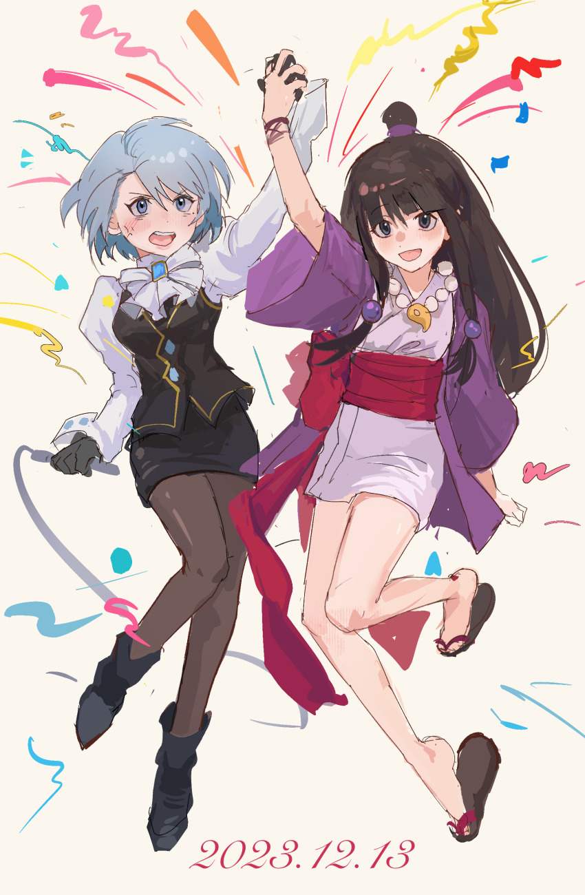 2girls absurdres ace_attorney anger_vein annoyed arm_up bare_legs bead_necklace beads black_footwear black_hair black_skirt black_vest blue_brooch blunt_bangs boots bow bowtie brown_footwear buttons chinese_commentary commentary_request confetti dated diamond_button dilong_daoguai dot_nose dress eyelashes franziska_von_karma frown full_body grey_eyes grey_hair grey_pantyhose hair_bobbles hair_bun hair_ornament haori happy highres holding holding_hands holding_whip interlocked_fingers jacket japanese_clothes jewelry juliet_sleeves kimono kimono_dress knees light_blush long_hair long_sleeves looking_ahead magatama magatama_necklace maya_fey miniskirt multiple_girls necklace obi open_mouth pantyhose pencil_skirt procreate_(medium) puffy_sleeves purple_jacket red_bow red_sash sandals sash shirt short_dress short_hair short_kimono sidelocks simple_background single_hair_bun skirt smile teeth upper_teeth_only vest waist_bow white_bow white_bowtie white_kimono white_shirt wide_sleeves yellow_background zouri