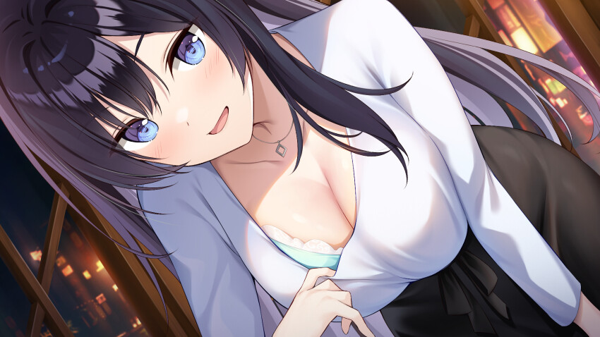 1girl aqua_bra black_hair black_skirt blouse blue_eyes blush bra breasts cleavage collarbone colored_inner_hair grey_hair highres large_breasts leaning_forward lingeries_(ramune_games) long_hair makabe_aisu multicolored_hair oryo_(oryo04) second-party_source shirt skirt smile solo underwear white_shirt