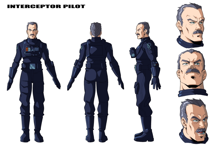 1boy black_footwear black_gloves black_jacket black_pants boots character_sheet commentary english_commentary facial_hair frown galactic_empire_(star_wars) gloves green_eyes grey_hair highres jacket male_focus mustache open_mouth otaking pants star_wars tie_fighter_(video_game) widow&#039;s_peak