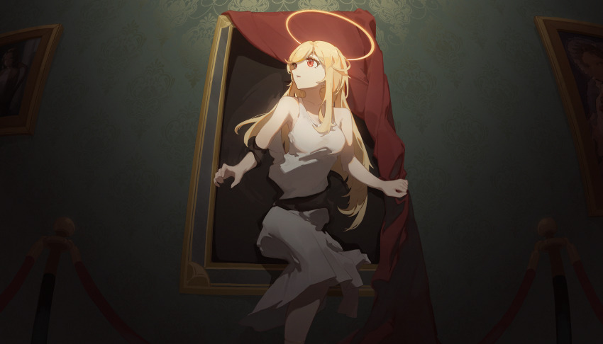 1girl absurdres angel blonde_hair breasts commentary_request dress fisheye halo highres indoors ivyelin long_hair looking_to_the_side medium_breasts original parted_lips picture_frame red_eyes sleeveless sleeveless_dress solo through_medium through_painting white_dress yellow_halo