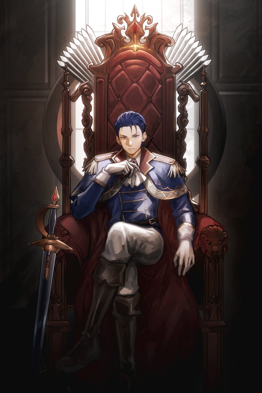 1boy absurdres boots cape chair commission commissioner_upload deka_yo epaulettes fire_emblem fire_emblem:_thracia_776 gloves highres nintendo reinhardt_(fire_emblem) reinhardt_(thrud_reborn)_(fire_emblem) sitting sitting_on_throne sword throne vgen_commission weapon