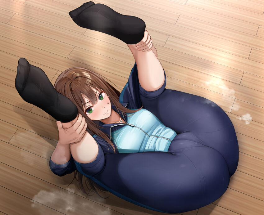 1girl ass black_socks blush brown_hair dated_commentary full_body green_eyes highres hogey_nk-2000 holding_own_leg idolmaster idolmaster_cinderella_girls indoors jacket legs_up long_hair looking_at_viewer shibuya_rin socks solo steaming_body sweatdrop track_jacket wooden_floor