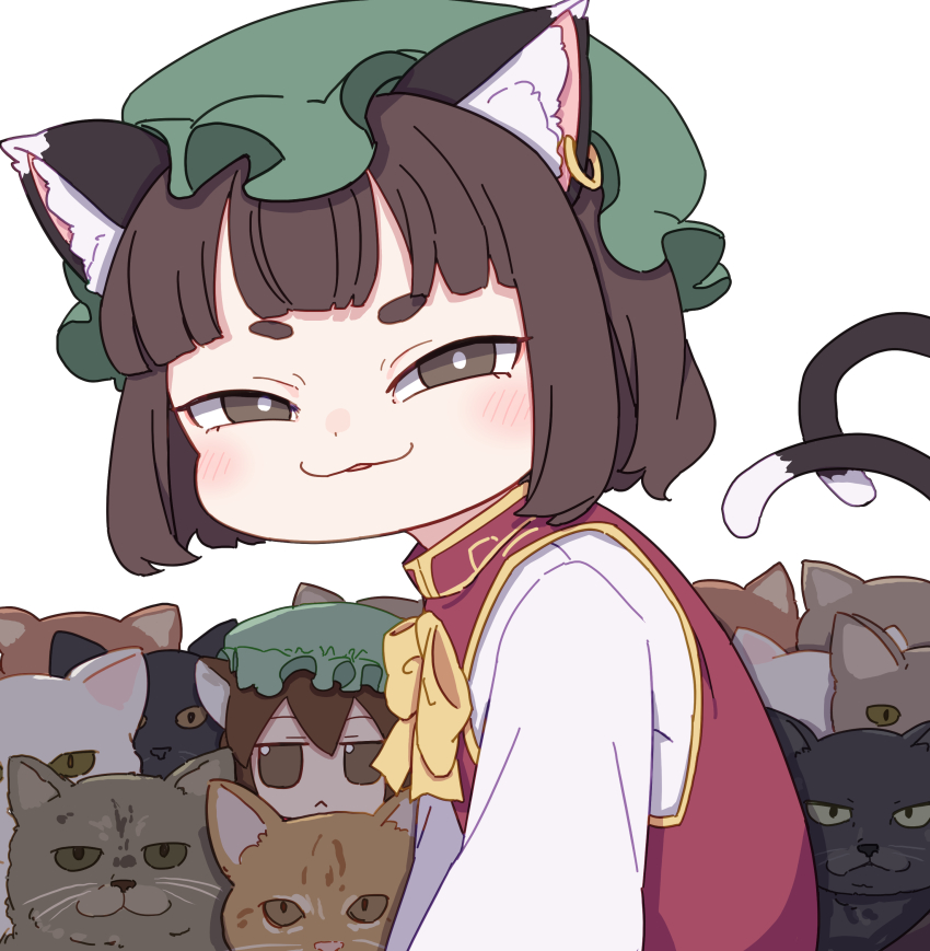 1girl :3 absurdres animal_ears black_cat blush bow bowtie brown_cat brown_eyes brown_hair cat cat_ears cat_girl cat_tail chen earrings fumo_(doll) green_hat hashtag-only_commentary hat highres jewelry kame_(kamepan44231) long_sleeves looking_at_viewer mob_cap multiple_tails orange_cat red_vest shirt short_hair simple_background single_earring tail touhou two_tails upper_body vest white_background white_cat white_shirt yellow_bow yellow_bowtie